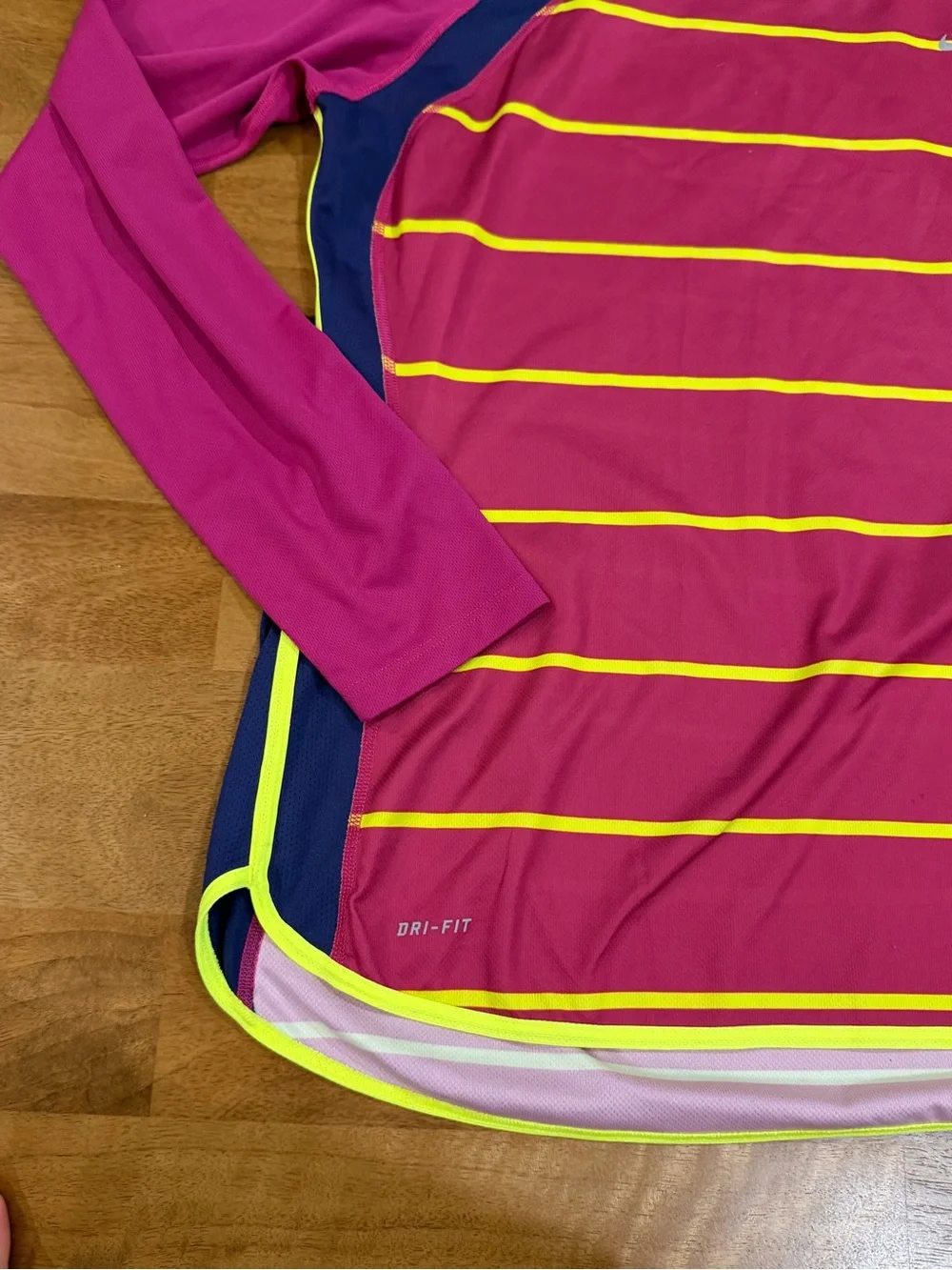 Nike Dri-Fit Fuchsia Long-Sleeve Athletic Tee with Yellow Stripes Size XL